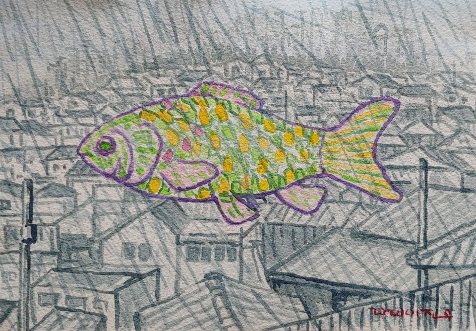 비오는 열우물고기 / 28*18cm / watercolor on paper /2020