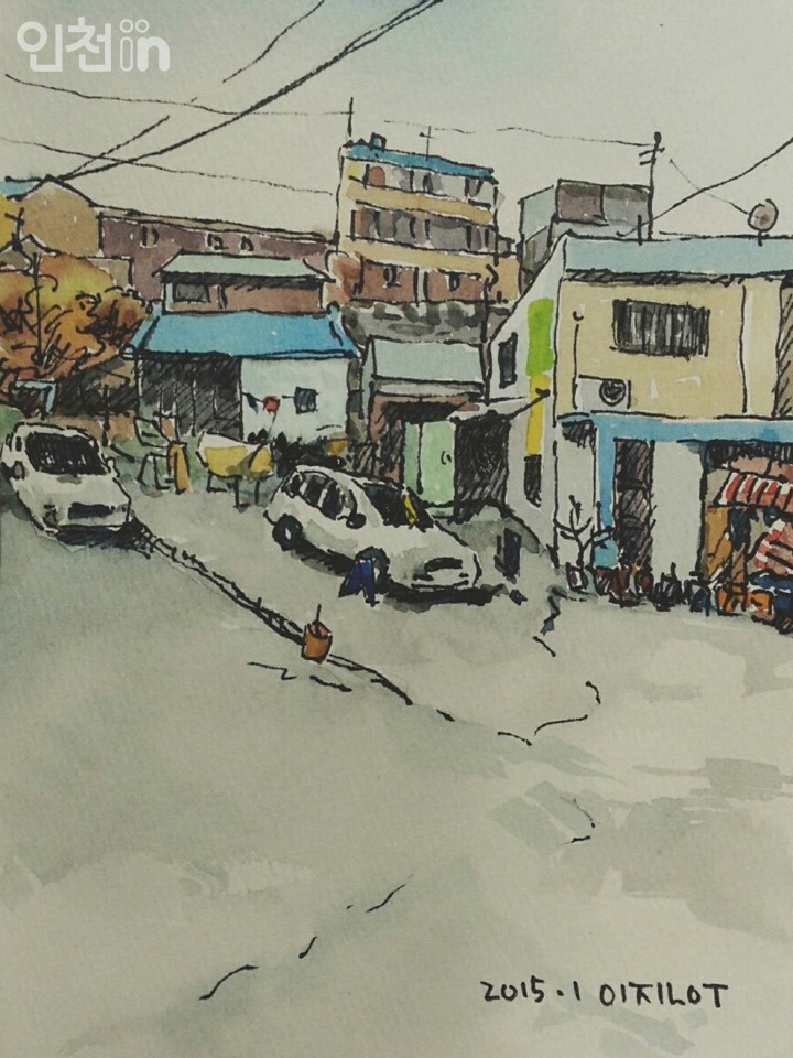 마을풍경 / 18*14cm / pen drawing , light coloring on paper /2015