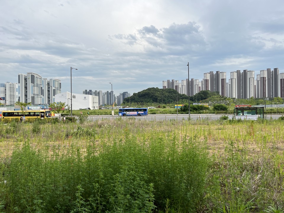 검단신도시 상가 구역에서 바라본 징미산(아라센트럴파크), 2023ⓒ유광식