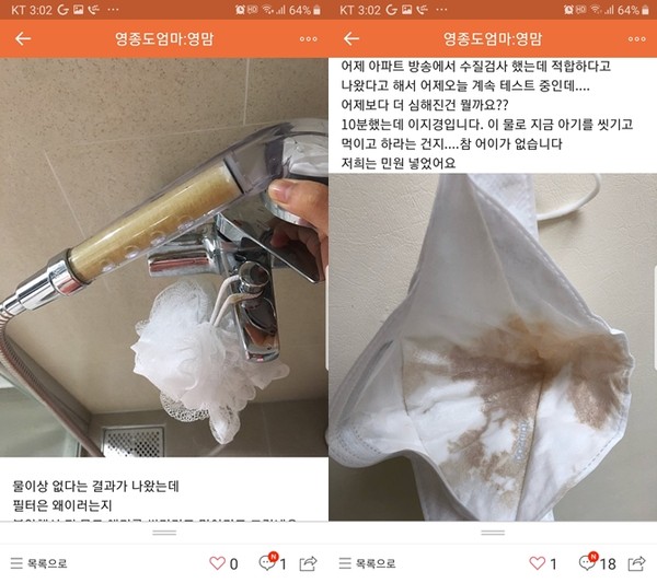 2019년 붉은 수돗물 사태 당시 인천의 한 인터넷 맘카페에 올라온 피해 사진.