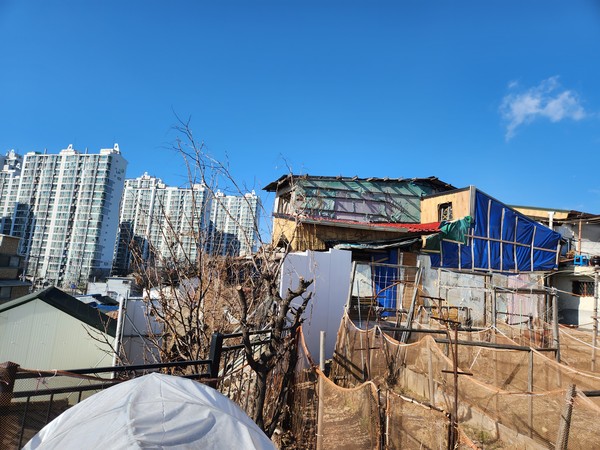 괭이부리마을 쪽방촌의 낡은 집들과 인근의 아파트단지(사진제공=인천시)