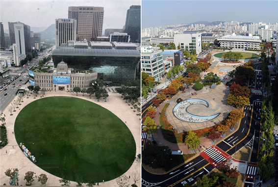 서울시청 앞 광장(좌)과 인천시청 앞 광장