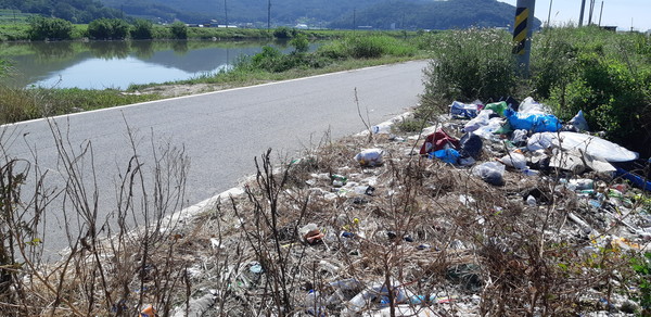 낚시터로 이용되는 길정천 구간은 버려진 쓰레기들로 몸살을 앓고 있다.