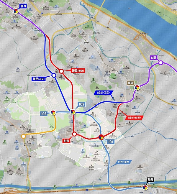 인천시(붉은색)와 김포시(푸른색)가 제안한 서울5호선 연장 노선도. 사진=검신연합
