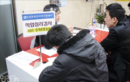 지난 18일 인천종합일자리지원센터에서 열린 상설 채용박람회에 참여한 청년 구직자들이 성격유형검사를 받고 있다.
